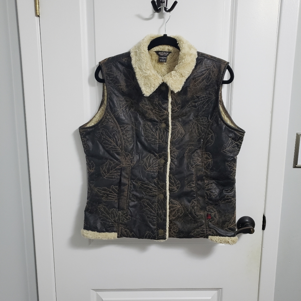 WOOLRICH Faux Leather and Sherpa Embroidered Leaves Vest